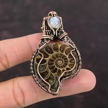 Кулон из аммонита ископаемого, медная проволока, кулон с драгоценным камнем, Радужный кулон с лунным камнем, медная проволока, обернутая ювелирными изделиями, кулон ручной работы для подарка
