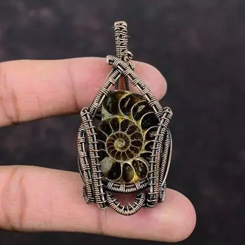 Кулон из аммонита ископаемого, медная проволока, кулон с драгоценным камнем, кулон из аммонита, ископаемые ювелирные изделия ручной работы, новый кулон, подарок для нее, медные украшения