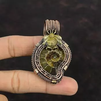 Кулон из аммонита ископаемого, медная проволока, кулон, ювелирные изделия ручной работы, ювелирные изделия из драгоценных камней, медовая пчела, медный ювелирный подарок для жены, стильный кулон