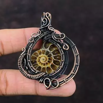 Кулон из аммонита ископаемого, медная проволока, обернутая драгоценным камнем, кулон ручной работы, новый кулон, подарок на юбилей, медные ювелирные изделия, дизайнерский кулон