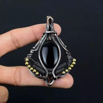 Кулон из черного оникса, медная проволока, кулон с драгоценным камнем, медные украшения, ювелирные изделия ручной работы, ожерелье из черного оникса, подарок для матери, ювелирные изделия из оникса чёрный