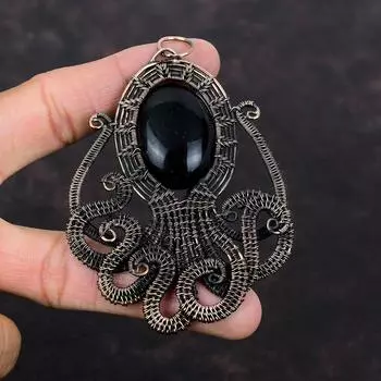 Кулон из черного оникса, медная проволока, кулон, кулон в виде осьминога, медные украшения, кулон ручной работы, ювелирные изделия из проволочной обмотки, кулон с драгоценным камнем для подарка