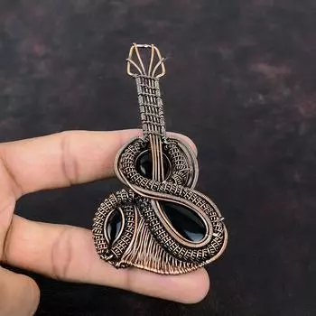 Кулон из черного оникса, медная проволока, кулон, кулон для гитары, ювелирные изделия из черного оникса, кулон с драгоценным камнем, медный ювелирный кулон ручной работы для подарков