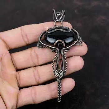 Кулон из черного оникса, медная проволока, обернутые ювелирные изделия, кулон из натурального драгоценного камня, дизайнерский кулон, медные ювелирные изделия ручной работы, подарок для него, этнический кулон