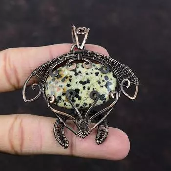 Кулон из далматинской яшмы, кулон из медной проволоки, кулон в виде черепахи, драгоценный камень, медные украшения, подарок на помолвку, ювелирные изделия ручной работы, обернутые проволокой