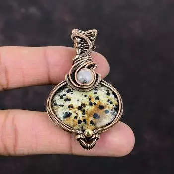 Кулон из далматинской яшмы, медная проволока, кулон, Радужный кулон с лунным камнем, кулон ручной работы с драгоценным камнем, медная проволока, ювелирное изделие, подарок для мамы