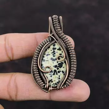 Кулон из далматинской яшмы, медная проволока, кулон, ювелирные изделия ручной работы, кулон с драгоценным камнем, замечательные медные украшения, достойный кулон, подарок для него
