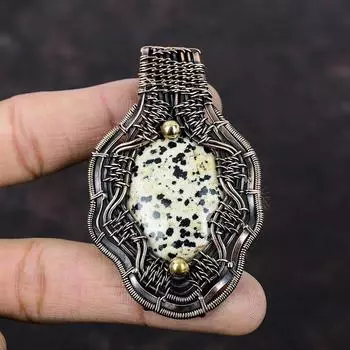 Кулон из далматинской яшмы, медная проволока, кулон, драгоценный камень, медные украшения, кулон ручной работы, ювелирные изделия из проволоки, уникальный кулон для подарка