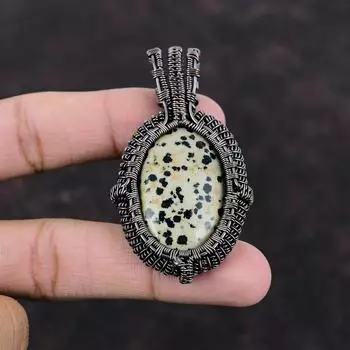 Кулон из далматинской яшмы, медная проволока, кулон, кулон ручной работы с драгоценным камнем, медные украшения, этнический кулон, подарок для женщин, дизайнерские ювелирные изделия