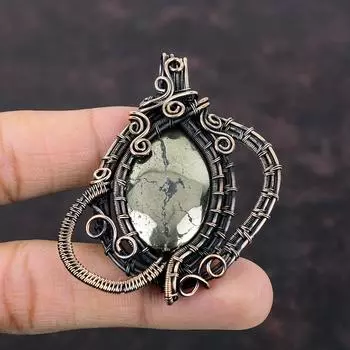 Кулон из драгоценного камня с пиритом, кулон из медной проволоки, медные украшения, кулон ручной работы, подарок для матери, дизайнерский кулон, ювелирные изделия, завернутый в проволоку