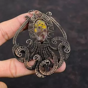 Кулон из фруктовой яшмы, медная проволока, кулон с драгоценным камнем, медные украшения, кулон ручной работы, ювелирный подарок, завернутый в проволоку, для нее, кулон в виде осьминога