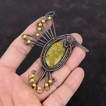 Кулон из фруктовой яшмы, медная проволока, кулон в виде птицы, кулон в виде птицы, медные украшения, кулон с драгоценным камнем, подарок для него, ювелирные изделия из проволочной обмотки ручной работы