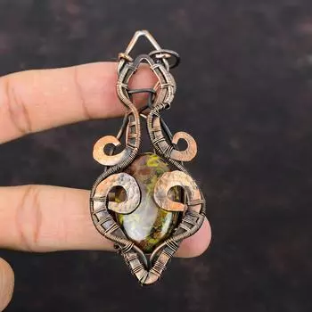Кулон из фруктовой яшмы с драгоценным камнем, медная проволока, обернутая подвеска, ювелирные изделия из фруктовой яшмы, медные украшения ручной работы, подарок на помолвку, подвеска последнего дизайна
