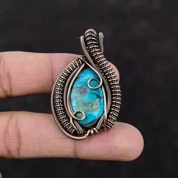 Кулон из хризоколлы, кулон из медной проволоки, кулон ручной работы, медная проволока, ювелирный подарок для нее, ювелирные изделия из хризоколлы, кулон с драгоценным камнем