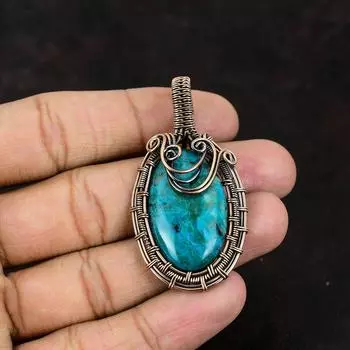 Кулон из хризоколлы, кулон с драгоценным камнем, кулон из медной проволоки, медные украшения, женский кулон ручной работы, подарок для него, подарок из хризоколлы для мамы