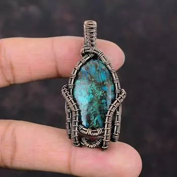 Кулон из хризоколлы, кулон в медной проволоке, дизайнерские ювелирные изделия ручной работы, подвеска из настоящего драгоценного камня, подарок для нее, ювелирные изделия из медной проволоки из хризоколлы