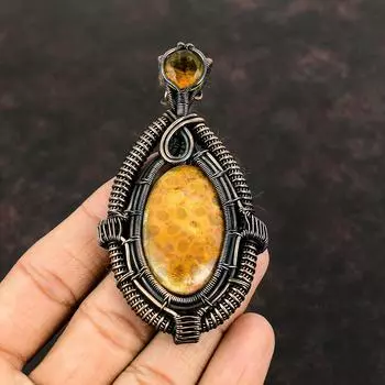 Кулон из ископаемого коралла, медная проволока, кулон, кулон с цитрином, драгоценный камень, медные украшения, дизайнерский кулон ручной работы, подарок для нее, ювелирные изделия из проволоки