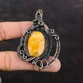 Кулон из ископаемого коралла, медная проволока, кулон, драгоценный камень, медные украшения, кулон ручной работы, ювелирные изделия из ископаемого коралла, подарок на помолвку, женский кулон