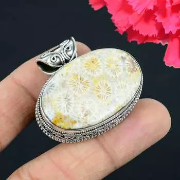 Кулон из ископаемого кораллового драгоценного камня, твердый кулон из стерлингового серебра 925 пробы, ювелирный подарок для унисекс