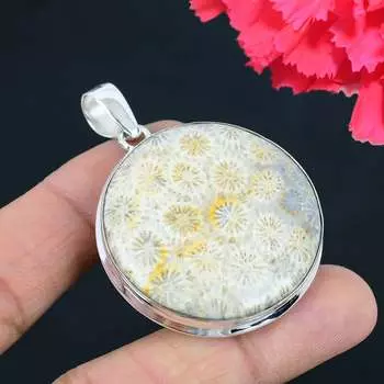 Кулон из ископаемого кораллового драгоценного камня, твердый кулон из стерлингового серебра 925 пробы, ювелирный подарок для унисекс