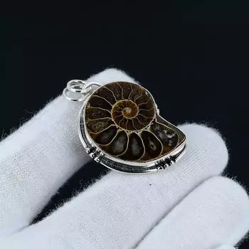 Кулон из ископаемого серебра с аммонитом, подвеска из стерлингового серебра 925 пробы, серебряные украшения с драгоценным камнем, кулон ручной работы, подарок для него, ювелирные изделия из аммонита 2.16 коричневый