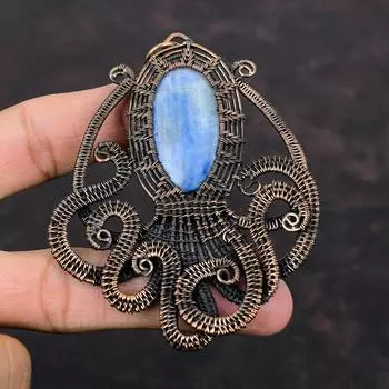 Кулон из кианита, медная проволочная обертка, подвеска ручной работы, проволочная обертка, кианит, ювелирные изделия, драгоценный камень, кулон, подарок для нее, осьминог, медные украшения