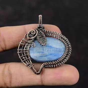 Кулон из кианита, обернутый медной проволокой, кианит, натуральный драгоценный камень, ювелирные изделия ручной работы, кулон из медной проволоки, дизайнерский кулон для подарка