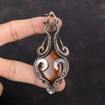 Кулон из красного дерева и обсидиана, медная проволока, обернутые ювелирные изделия, кулон из натурального драгоценного камня, стильный кулон ручной работы, медные украшения, женский специальный подарок