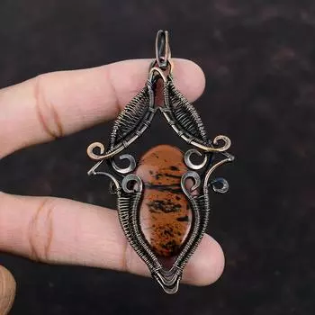 Кулон из красного дерева и обсидиана, медная проволока, кулон с драгоценным камнем, чудесные медные украшения, кулон ручной работы, ювелирные изделия, завернутые в проволоку, свадебный подарок