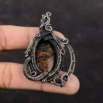 Кулон из красного дерева и обсидиана, медная проволока, кулон с драгоценным камнем, ювелирные изделия ручной работы, приличный кулон, красивая медная проволока, ювелирное изделие, подарок для мамы