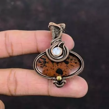 Кулон из красного дерева с обсидианом, медная проволока, кулон с лунным камнем, медная проволока, ювелирные изделия, кулон ручной работы из настоящего драгоценного камня, подарок для него