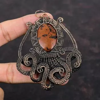 Кулон из красного дерева с обсидианом, медная проволока, кулон, уникальные ювелирные изделия ручной работы, драгоценный камень, подвеска в виде осьминога, медная проволока, ювелирный подарок для нее