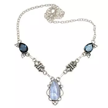 Кулон из кружевного агата, синее серебро, ювелирное изделие, 2,75 дюйма, драгоценный камень, кварц, танзанит