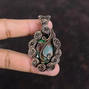 Кулон из куприта и хризоколлы, обернутый медной проволокой, ювелирное изделие, подвеска из драгоценного камня, дизайнерское ювелирное изделие, ручная работа, медный кулон, обернутый проволокой, кулон для подарка