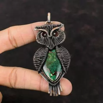 Кулон из куприта и хризоколлы, обернутый медной проволокой, драгоценный камень, медное ювелирное изделие, кулон в виде совы, кулон ручной работы, обернутый проволокой, ювелирное изделие, подарок для нее