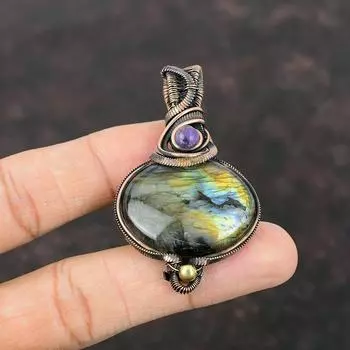 Кулон из лабрадорита, обернутый медной проволокой, драгоценный камень, ювелирное изделие ручной работы, кулон из африканского аметиста, подарок для матери, ювелирное изделие из медной проволоки