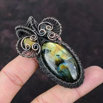 Кулон из лабрадорита, обернутый медной проволокой, ювелирное изделие ручной работы, кулон из лабрадорита, обернутый драгоценным камнем, уникальный медный кулон для подарка