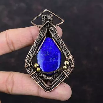 Кулон из лазурита, медная проволока, кулон, кулон ручной работы, ювелирные изделия из лазурита, оригинальный кулон с драгоценным камнем, медные украшения, подарок для нее