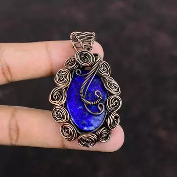 Кулон из лазурита, медная проволока, кулон, кулон ручной работы, оригинальный кулон с драгоценным камнем, медные украшения, подарок для женщин, ювелирные изделия из проволочной обмотки