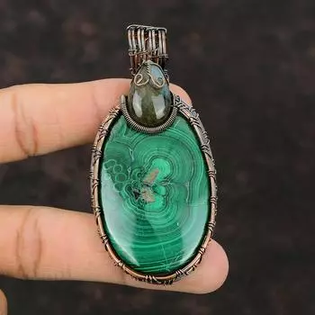 Кулон из малахита, медная проволока, кулон с драгоценным камнем, ювелирные изделия из натурального лабрадорита, подарок на годовщину, медные украшения ручной работы, кулон в упаковке