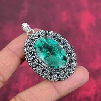 Кулон из малахита, ювелирное изделие ручной работы из драгоценных камней, кулон из цельного серебра 925 пробы, уникальный дизайн ювелирного украшения 2.16 Inches зелёный