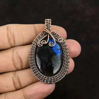 Кулон из меди с лабрадоритом, обернутый медной проволокой, подвеска из драгоценного камня, дизайнерское ювелирное изделие из меди, подарок для нее, ювелирное изделие из лабрадоритовой проволоки, свадебный подарок