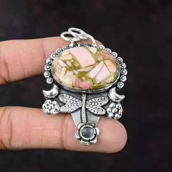 Кулон из медного розового опала Красивые ювелирные изделия Кулон из стерлингового серебра 925 пробы Кулон в виде стрекозы Драгоценный камень Ювелирные изделия ручной работы для подарка Дизайнерский кулон