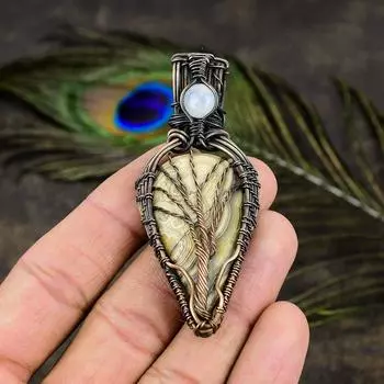 Кулон из медной проволоки с натуральным кружевным агатом и лунным камнем, длина 2,96 дюйма, i4O94