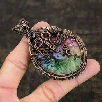 Кулон из медной проволоки с натуральным радужным солнечным кварцем и драгоценным камнем 3,15 дюйма N5I63