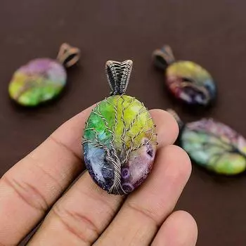 Кулон из медной проволоки с натуральным радужным солнечным кварцем и драгоценным камнем 2,17 дюйма T9f48