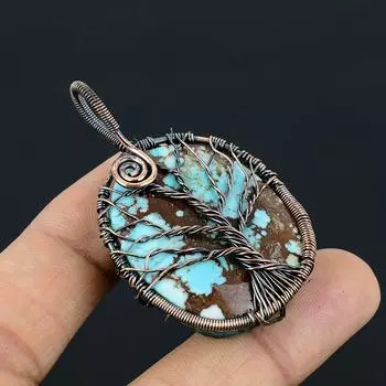 Кулон из медной проволоки с натуральным древом жизни, тибетский бирюзовый камень, 2,2 дюйма, S9Y83