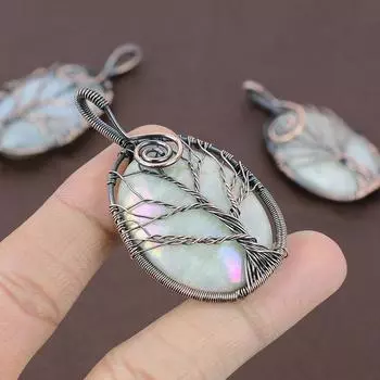 Кулон из медной проволоки с натуральным древом жизни, радужным лунным камнем, 2,64 дюйма, U9V59