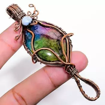 Кулон из медной проволоки с натуральным радужным солнечным кварцем и драгоценным камнем, 3,55 дюйма, B0e03