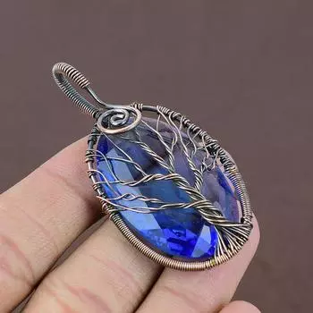 Кулон из медной проволоки с натуральным древом жизни, швейцарский голубой топаз, 2,44 дюйма, M9F28
